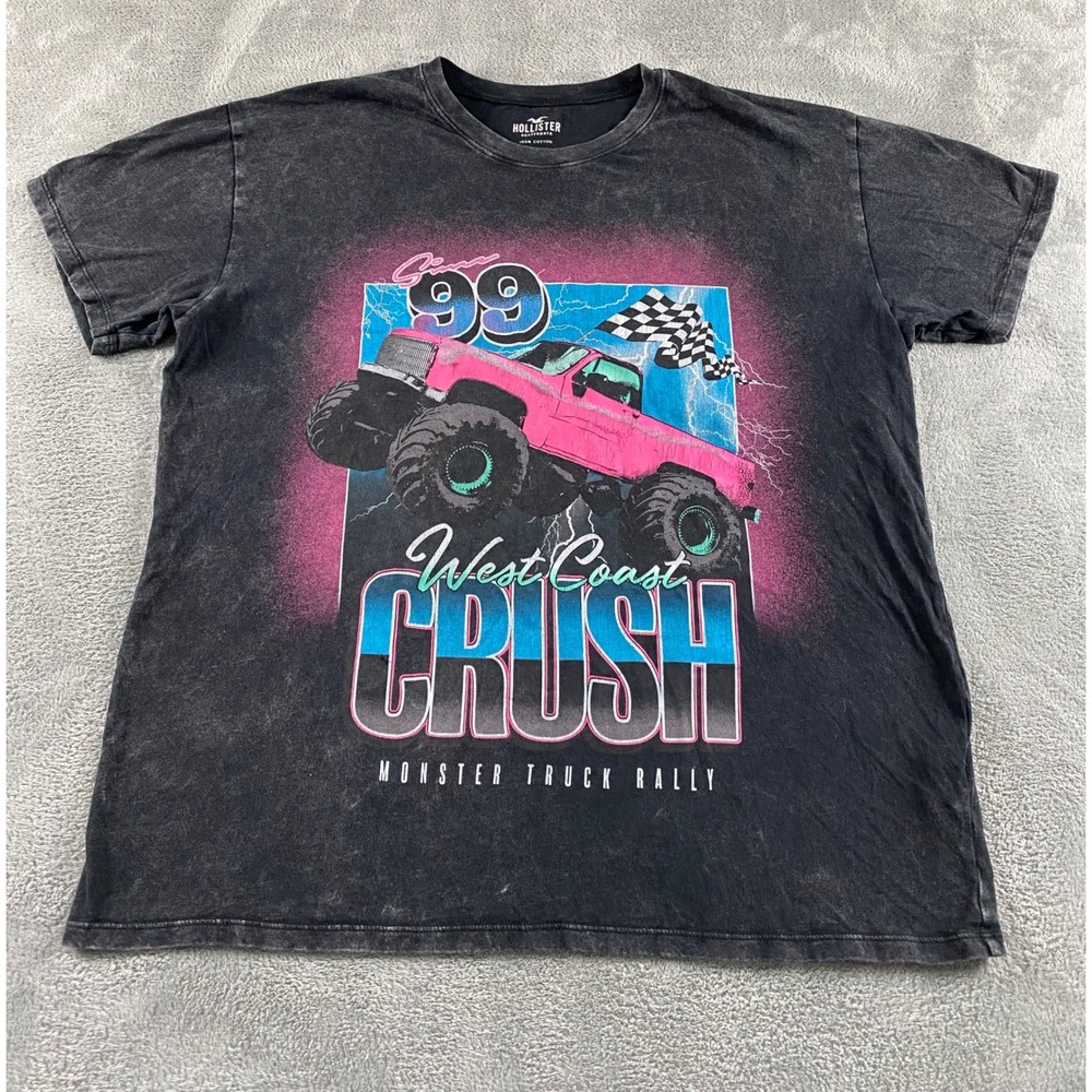 Hollister West Coast Crush Monster Truck Graphic Tee Black Mineral Wash XS Mens